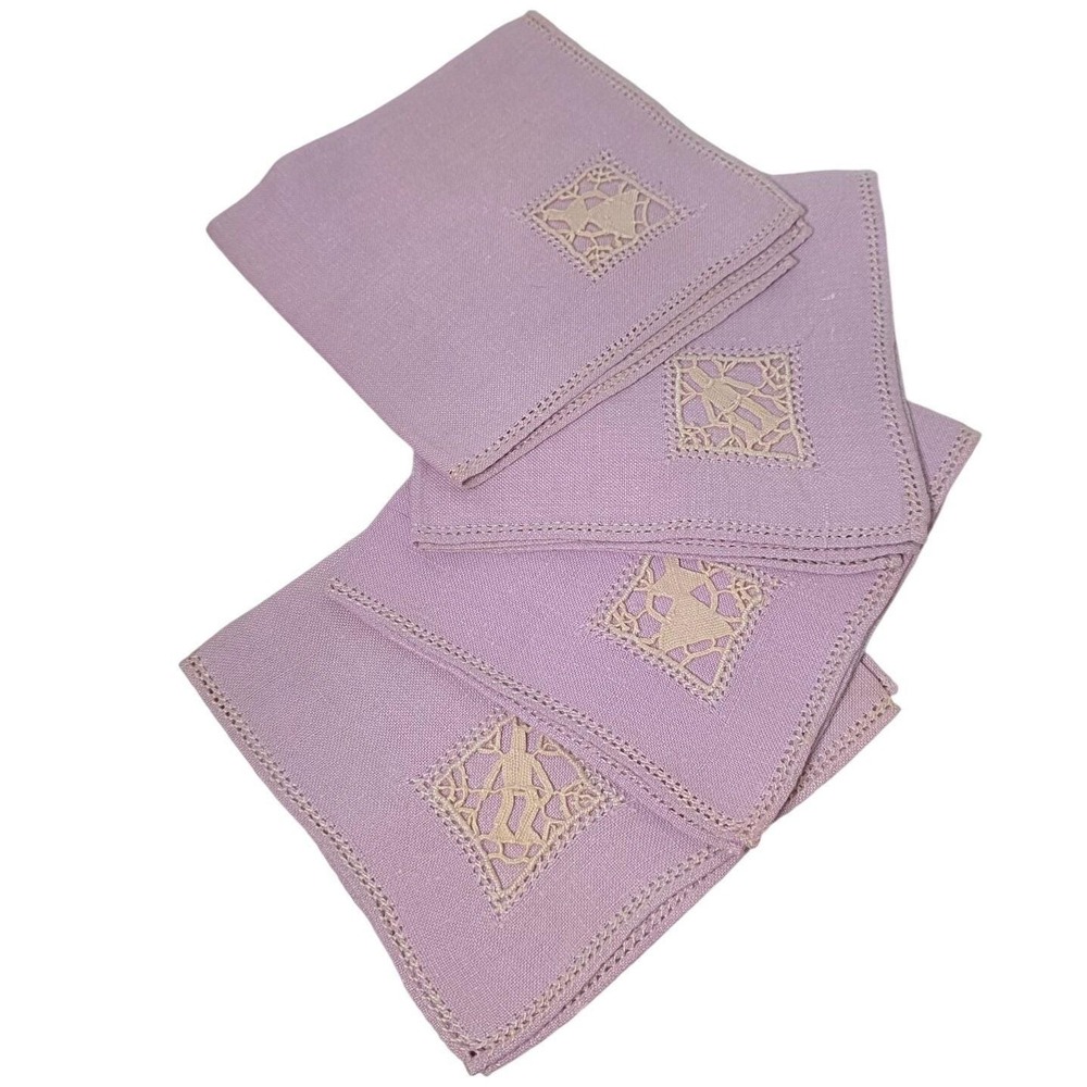 Vintage Purple Linens Napkins Set of‎ 4 Cutwork Inset Hemstitched